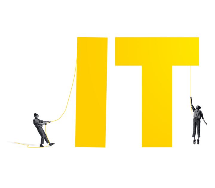 IT in large letters with people holding strings attached to each letter